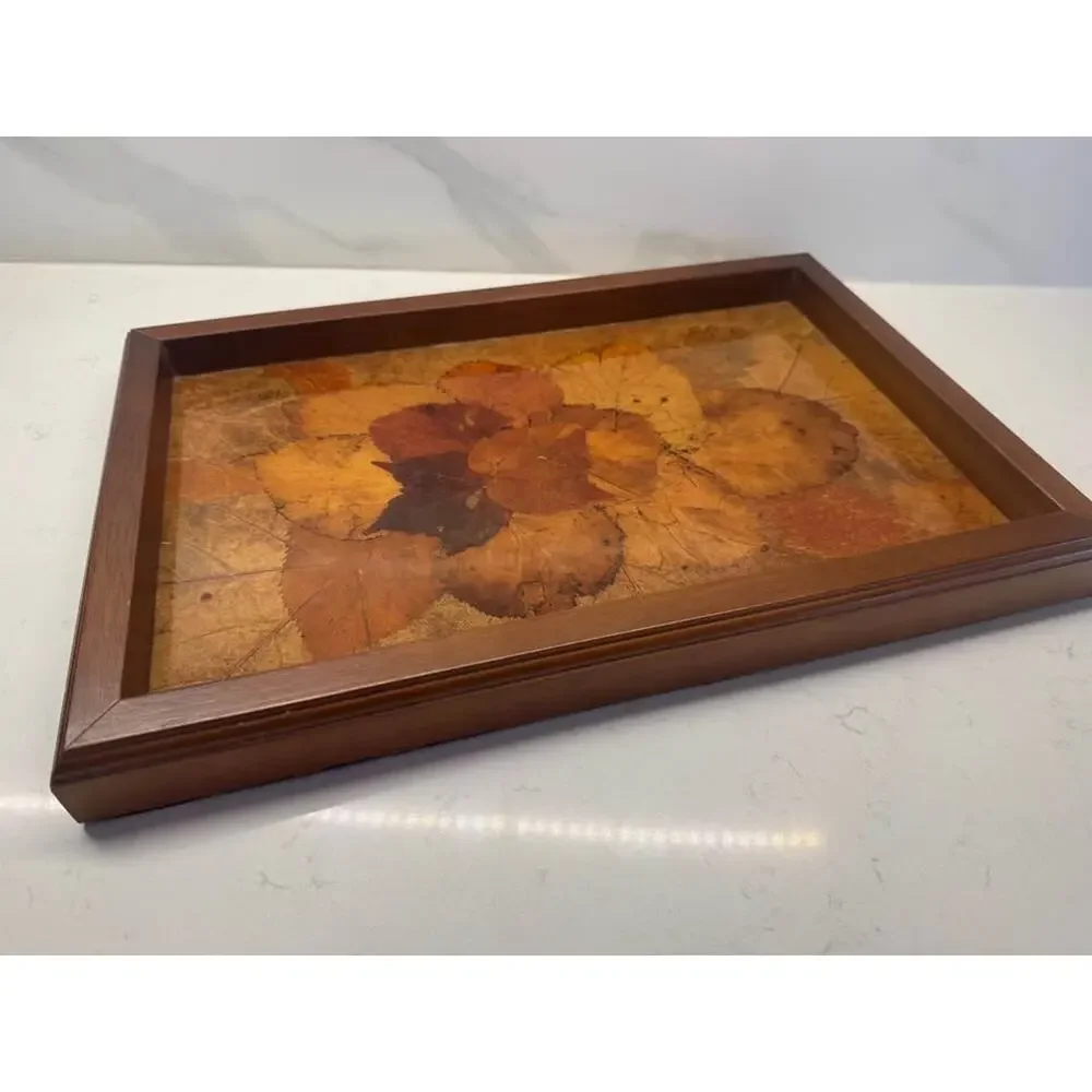 Mid Century Modern 70s Resin Pressed Leaves and Wood Tray